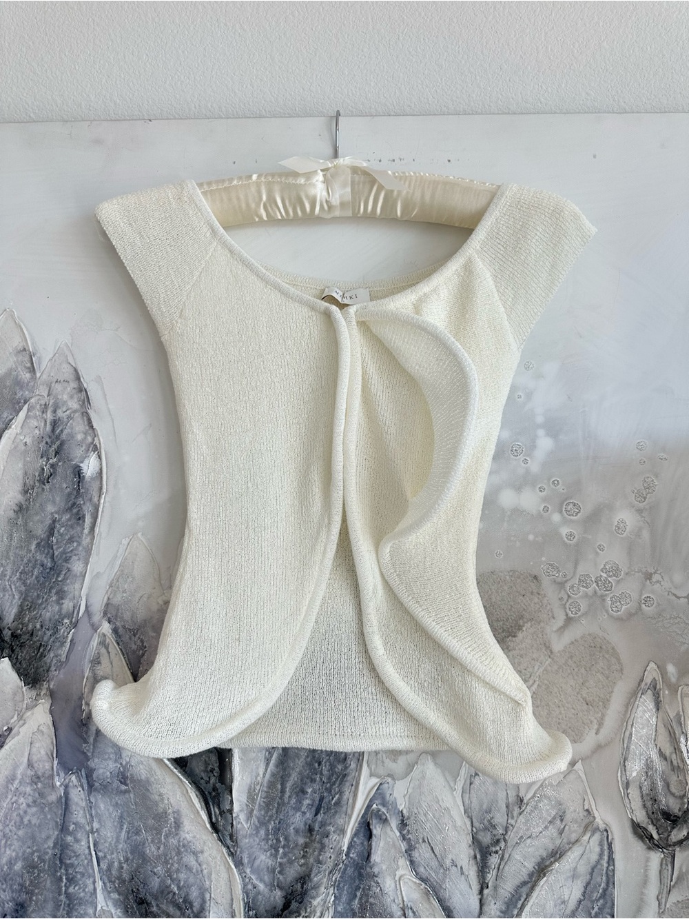 Meshki Cream Textured Cap Sleeve Knot Front Top
